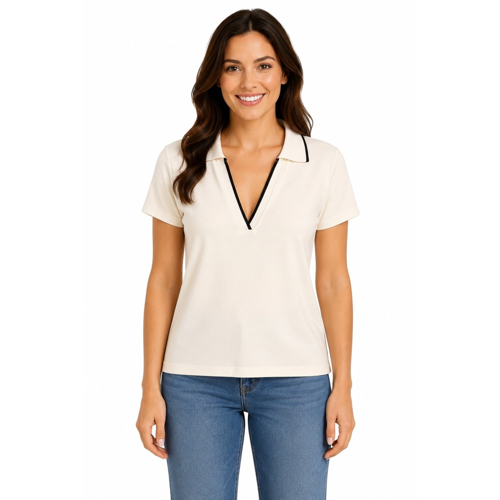 Old Navy Basic V-Neck Polo Women XXL Ivory 100% Cotton Preppy Minimalist Casual